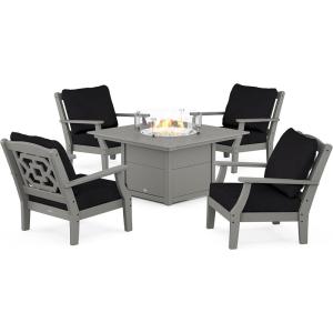Martha Stewart by POLYWOOD® Chinoiserie 5-Piece Deep Seating Set with Fire Pit Table (Sand/Glacier Spa)(Slate Grey / Midnight Linen)