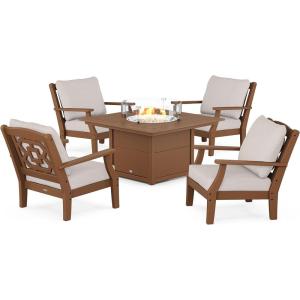 Martha Stewart by POLYWOOD® Chinoiserie 5-Piece Deep Seating Set with Fire Pit Table (Sand/Glacier Spa)(Teak / Dune Burlap)