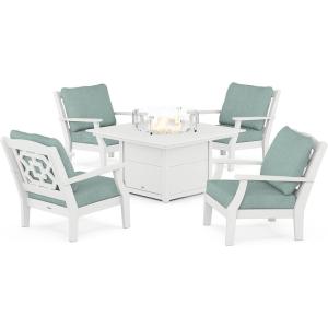 Martha Stewart by POLYWOOD® Chinoiserie 5-Piece Deep Seating Set with Fire Pit Table (Sand/Glacier Spa)(White / Glacier Spa)