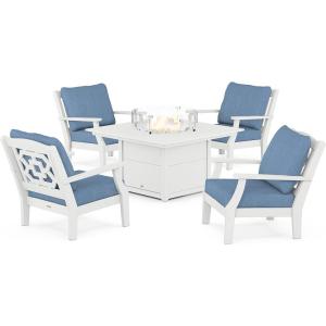 Martha Stewart by POLYWOOD® Chinoiserie 5-Piece Deep Seating Set with Fire Pit Table (Sand/Glacier Spa)(White / Sky Blue)