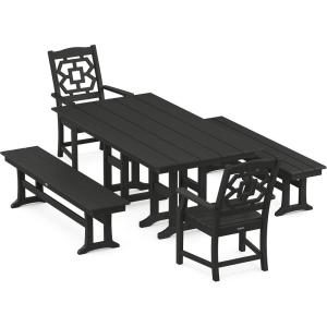 Martha Stewart by POLYWOOD® Chinoiserie 5-Piece Farmhouse Dining Set with Benches in Sand(Black)