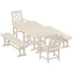 Martha Stewart by POLYWOOD® Chinoiserie 5-Piece Farmhouse Dining Set with Benches in Sand(Sand)
