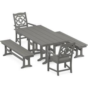 Martha Stewart by POLYWOOD® Chinoiserie 5-Piece Farmhouse Dining Set with Benches in Sand(Slate Grey)