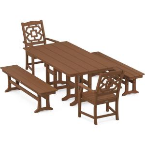 Martha Stewart by POLYWOOD® Chinoiserie 5-Piece Farmhouse Dining Set with Benches in Sand(Teak)