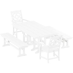 Martha Stewart by POLYWOOD® Chinoiserie 5-Piece Farmhouse Dining Set with Benches in Sand(White)