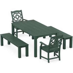 Martha Stewart by POLYWOOD® Chinoiserie 5-Piece Parsons Dining Set with Benches (Exclusive) in Slate Grey(Green)