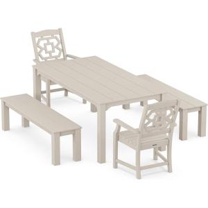 Martha Stewart by POLYWOOD® Chinoiserie 5-Piece Parsons Dining Set with Benches (Exclusive) in Slate Grey(Sand)