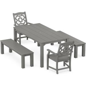 Martha Stewart by POLYWOOD® Chinoiserie 5-Piece Parsons Dining Set with Benches (Exclusive) in Slate Grey(Slate Grey)