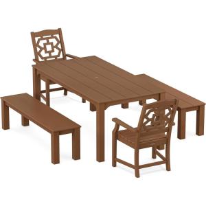 Martha Stewart by POLYWOOD® Chinoiserie 5-Piece Parsons Dining Set with Benches (Exclusive) in Slate Grey(Teak)