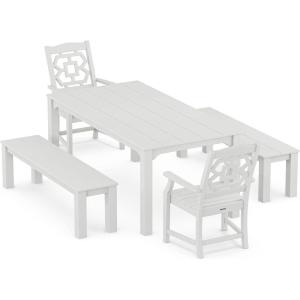Martha Stewart by POLYWOOD® Chinoiserie 5-Piece Parsons Dining Set with Benches (Exclusive) in Slate Grey(White)