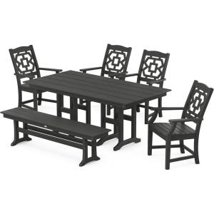 Martha Stewart by POLYWOOD® Chinoiserie 6-Piece Farmhouse Dining Set with Bench in Mahogany(Black)