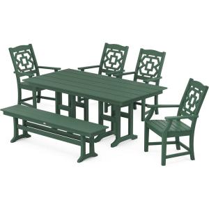 Martha Stewart by POLYWOOD® Chinoiserie 6-Piece Farmhouse Dining Set with Bench in Mahogany(Green)