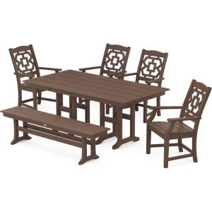 Martha Stewart by POLYWOOD® Chinoiserie 6-Piece Farmhouse Dining Set with Bench in Mahogany(Mahogany)