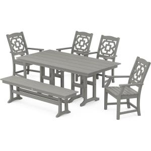 Martha Stewart by POLYWOOD® Chinoiserie 6-Piece Farmhouse Dining Set with Bench in Mahogany(Slate Grey)