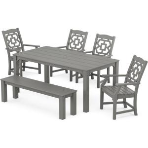 Martha Stewart by POLYWOOD® Chinoiserie 6-Piece Parsons Dining Set with Bench (Exclusive) in Mahogany(Slate Grey)