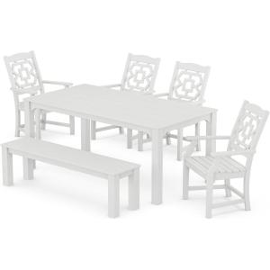 Martha Stewart by POLYWOOD® Chinoiserie 6-Piece Parsons Dining Set with Bench (Exclusive) in Mahogany(White)