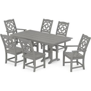 Martha Stewart by POLYWOOD® Chinoiserie 7-Piece Farmhouse Dining Set in Sand(Slate Grey)