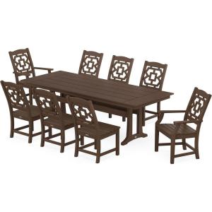 Martha Stewart by POLYWOOD® Chinoiserie 9-Piece Farmhouse Dining Set with Trestle Legs in Green(Mahogany)