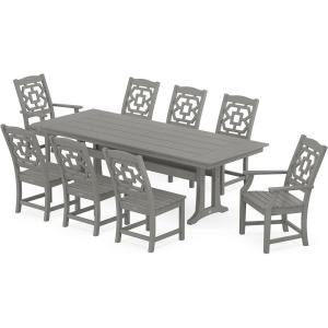 Martha Stewart by POLYWOOD® Chinoiserie 9-Piece Farmhouse Dining Set with Trestle Legs in Green(Slate Grey)
