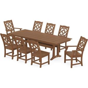 Martha Stewart by POLYWOOD® Chinoiserie 9-Piece Farmhouse Dining Set with Trestle Legs in Green(Teak)