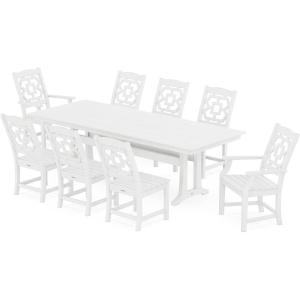 Martha Stewart by POLYWOOD® Chinoiserie 9-Piece Farmhouse Dining Set with Trestle Legs in Green(White)