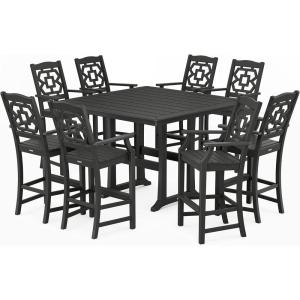 Martha Stewart by POLYWOOD® Chinoiserie 9-Piece Square Bar Set with Trestle Legs in Sand(Black)