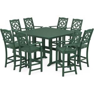 Martha Stewart by POLYWOOD® Chinoiserie 9-Piece Square Bar Set with Trestle Legs in Sand(Green)