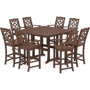 Martha Stewart by POLYWOOD® Chinoiserie 9-Piece Square Bar Set with Trestle Legs in Sand(Mahogany)