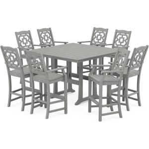 Martha Stewart by POLYWOOD® Chinoiserie 9-Piece Square Bar Set with Trestle Legs in Sand(Slate Grey)