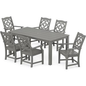 Martha Stewart by POLYWOOD® Chinoiserie Arm Chair 7-Piece Parsons Dining Set (Exclusive) in Mahogany(Slate Grey)