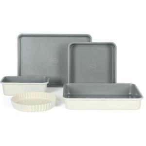 Sur La Table Kitchen Essential Carbon Steel Baking Pans Bakeware Set W/Premium PFOA, PFAS, PTFE Free Grey Non stick – Juniper Green Exterior(Linen White)