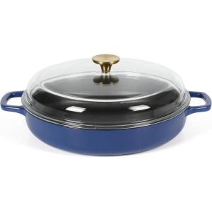 Sur La Table Kitchen Essentials 3.75 Quart Enamel Cast Iron All In One Multi-Purpose Non-Toxic Nonstick Braiser Pan W/Borosilicate Glass Lid – Red(Blue)