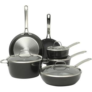 Sur La Table Kitchen Essentials Cool Commune Hard Anodized 10 Piece PFA Free Ceramic Non stick Interior Forged Durable Aluminum Pots and Pans Cookware Set – Green – Induction Compatible(Black (Hard Anodized Aluminum))