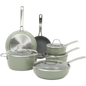 Sur La Table Kitchen Essentials Cool Commune Hard Anodized 10 Piece PFA Free Ceramic Non stick Interior Forged Durable Aluminum Pots and Pans Cookware Set – Green – Induction Compatible(Green (Hard Anodized Aluminum))