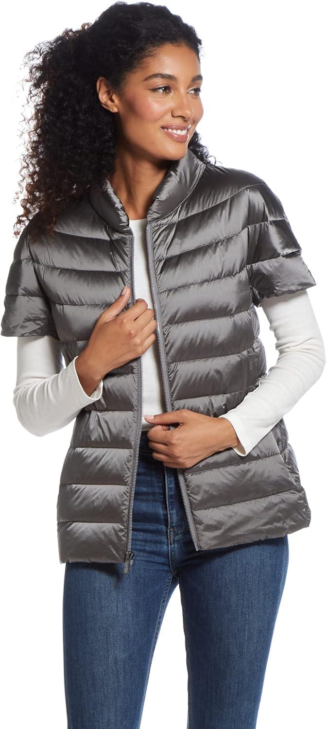 imageMartha Stewart Womens Quilted Down Puffer Vest Lightweight Short Sleeve Packable Jacket with Pockets Warm Winter OuterwearGraphite