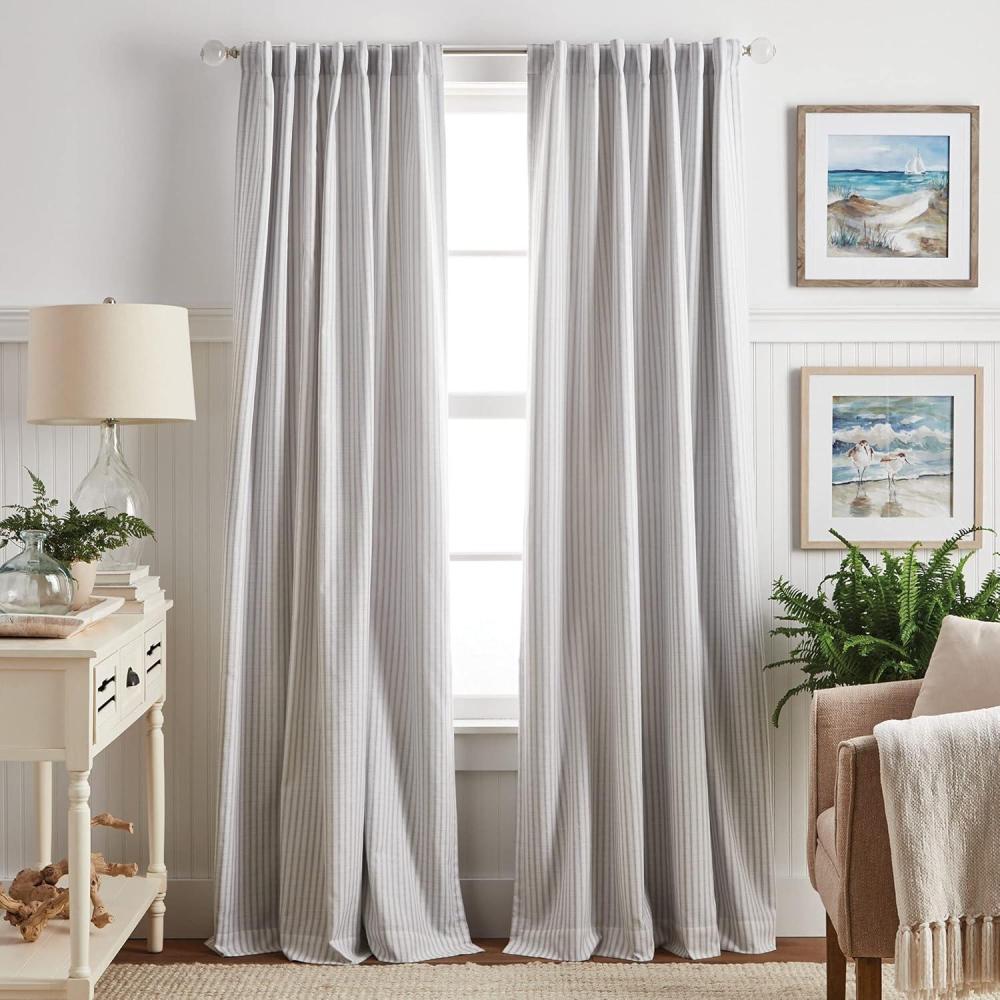 imageMartha Stewart Ticking Stripe Blackout Lining Rod PocketBack Tab Window Curtain Panel Pair 84quot WhiteGrey