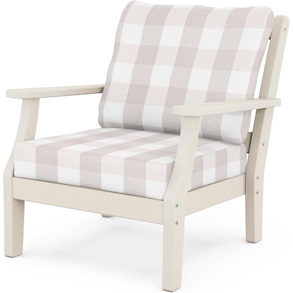 imageMartha Stewart by POLYWOOD Chinoiserie Deep Seating Chair in WhiteSky BlueSand  Buffalo Plaid Dune Burlap