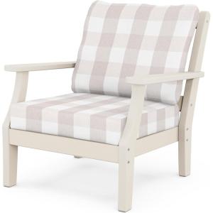 Martha Stewart by POLYWOOD® Chinoiserie Deep Seating Chair in White/Sky Blue(Sand / Buffalo Plaid Dune Burlap)