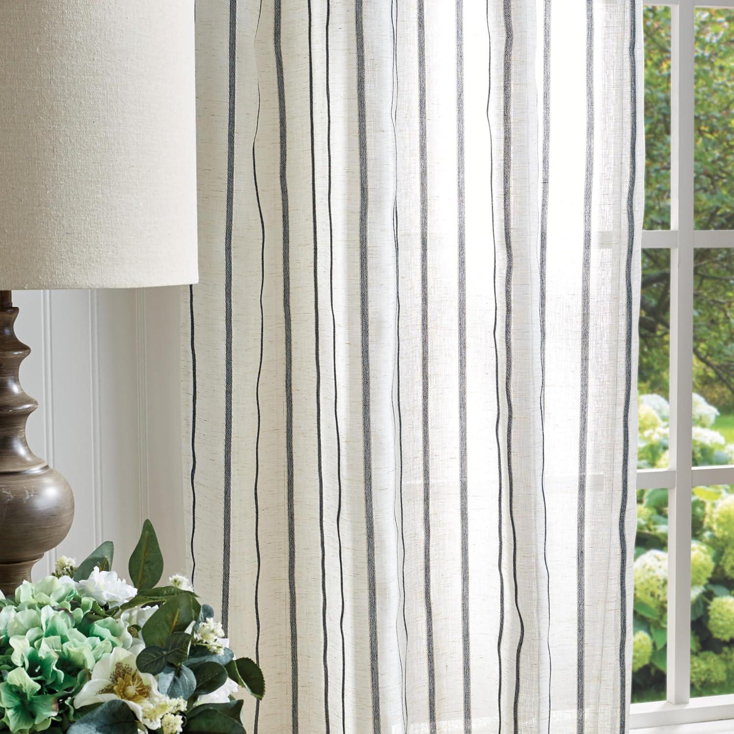 imageMartha Stewart Laguna Stripe SemiSheer Tie Tab Window Curtain Panel Pair 84quot BlueNavy