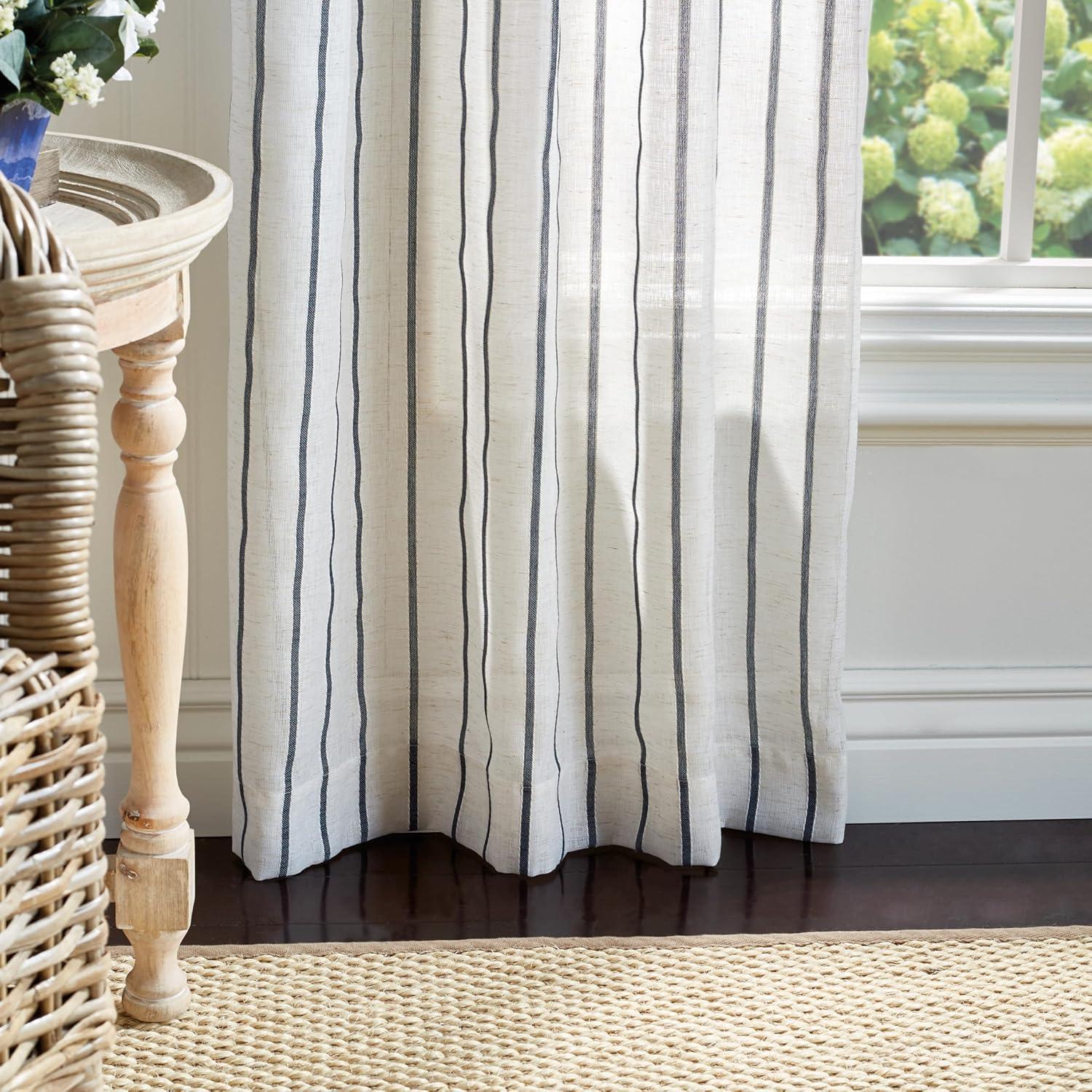 imageMartha Stewart Laguna Stripe SemiSheer Tie Tab Window Curtain Panel Pair 84quot BlueNavy
