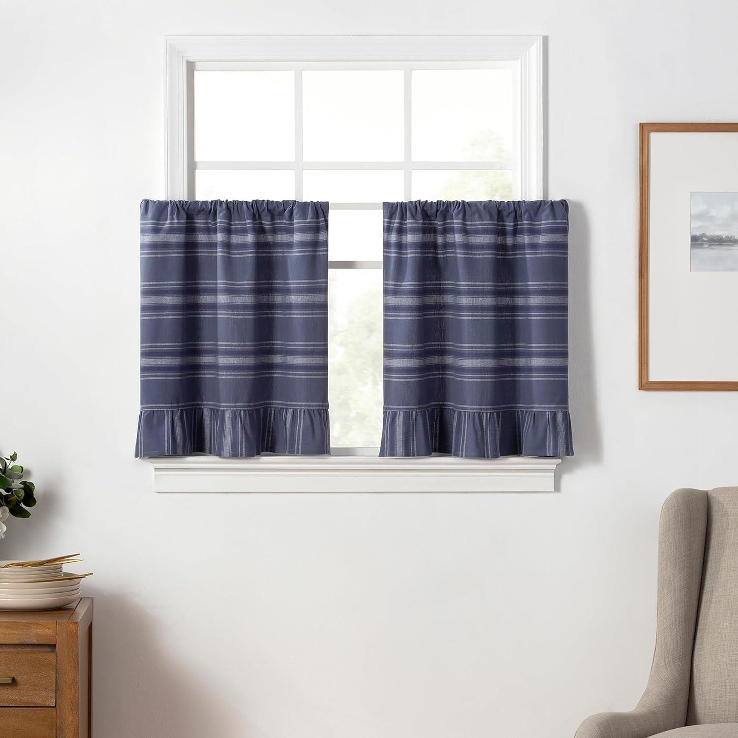 imageMartha Stewart Ruffle Curtains Striped Valance for Window Kitchen Curtain 1 Piece 60quot x 14quot BlueBlue