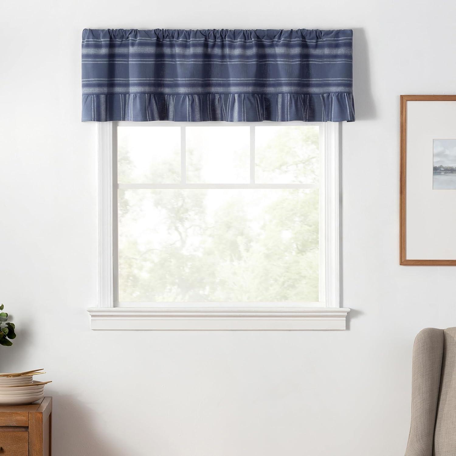 imageMartha Stewart Ruffle Curtains Striped Valance for Window Kitchen Curtain 1 Piece 60quot x 14quot BlueBlue