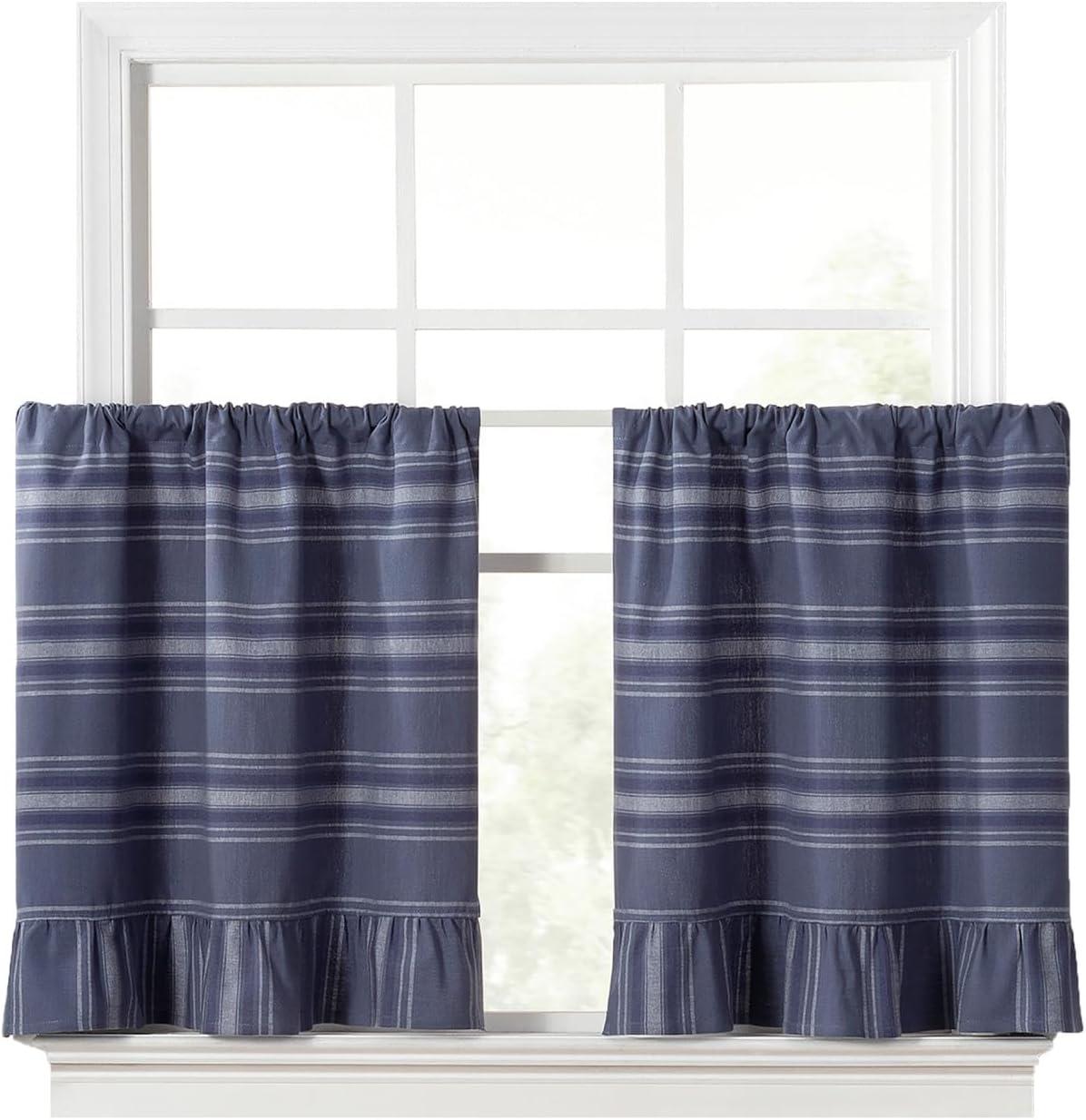 imageMartha Stewart Ruffle Curtains Striped Valance for Window Kitchen Curtain 1 Piece 60quot x 14quot BlueBlue