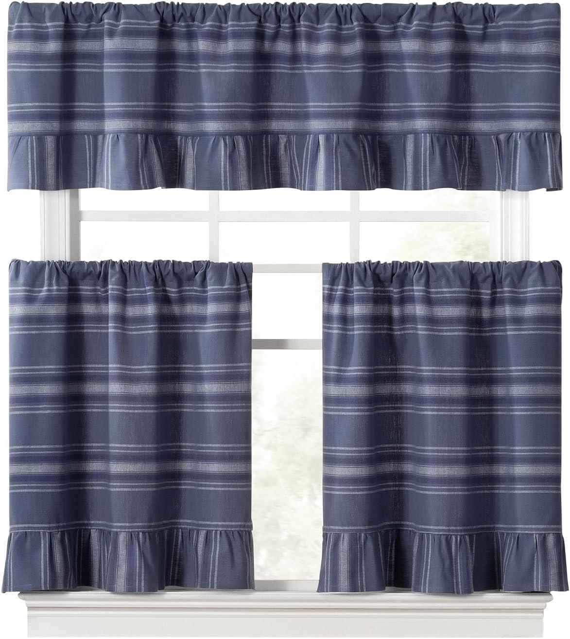 imageMartha Stewart Ruffle Curtains Striped Valance for Window Kitchen Curtain 1 Piece 60quot x 14quot BlueBlue