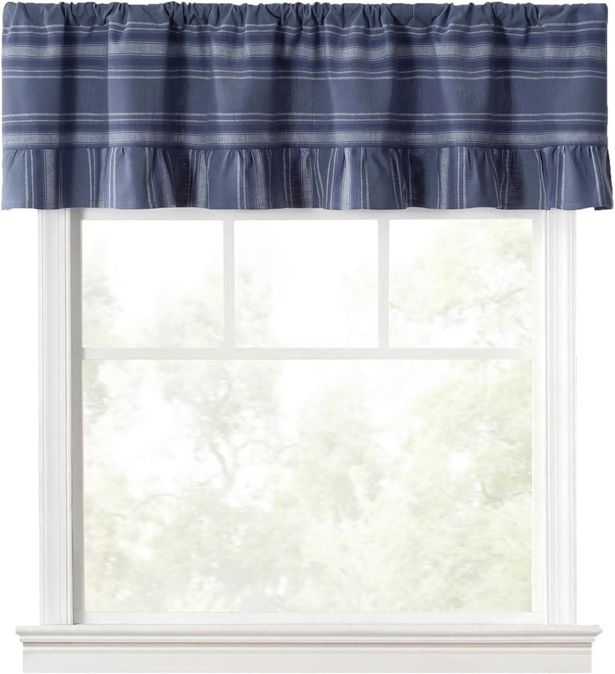imageMartha Stewart Ruffle Curtains Striped Valance for Window Kitchen Curtain 1 Piece 60quot x 14quot BlueBlue