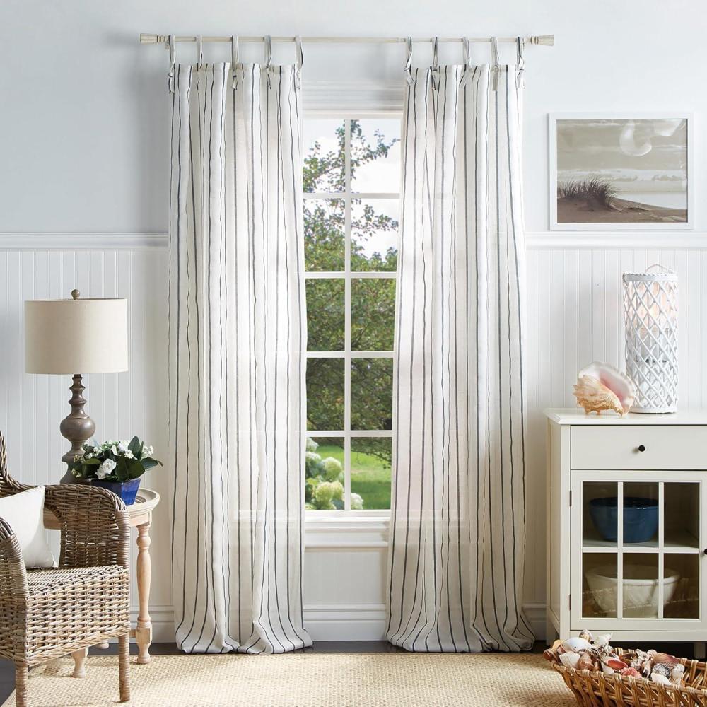 imageMartha Stewart Laguna Stripe SemiSheer Tie Tab Window Curtain Panel Pair 84quot BlueBlue