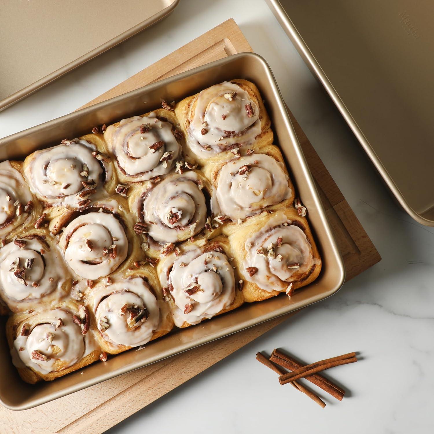 imageMartha Stewart Gallen 3Piece Cookie Sheet Set 13quot 15quot 17quot Baking Pans Ceramic Nonstick PFAFree Carbon Steel Champagne Oven Safe to 450F WarpResistant Easy to Clean Taupe