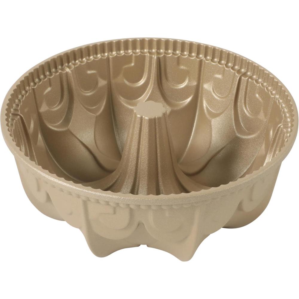 imageMartha Stewart Dunelle Decorative Fluted Cast Aluminum Bundt Cake Pan  12Cup Nonstick Tube Pan Champagne Gold BakewareChampagne Gold