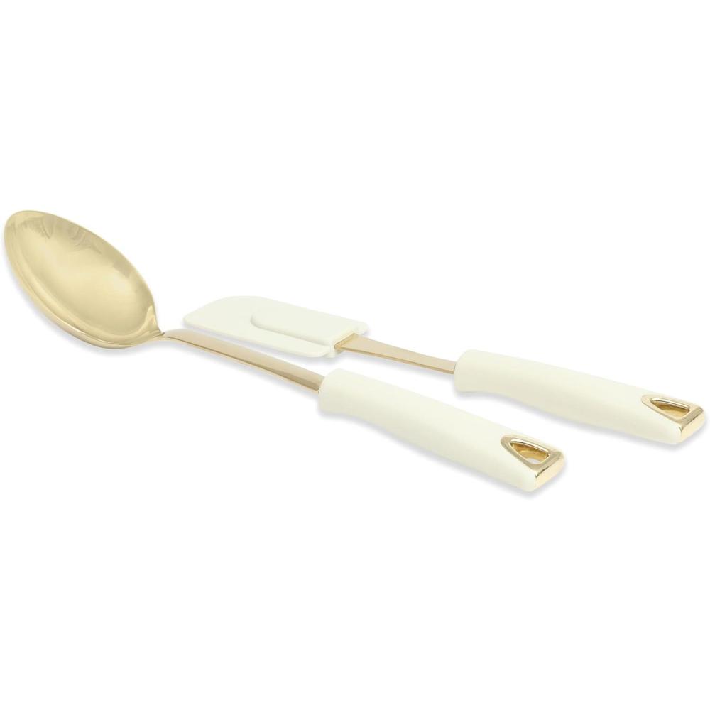 imageMartha Stewart Lockton 2Piece Kitchen Scraper and Spoon Set  Stainless Steel and Nylon Cooking Utensils with Linen Handles and Gold Accents Durable HeatResistant Tools